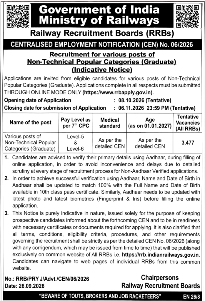 RRB NTPC Graduate Recruitment 2026: 3,477 Vacancies, Eligibility, Salary, Apply Online