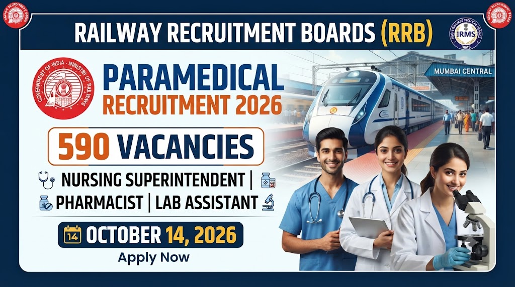 RRB Paramedical Recruitment 2026: Apply For 590 Posts : Nursing Superintendent, Pharmacist, and Lab Assistant