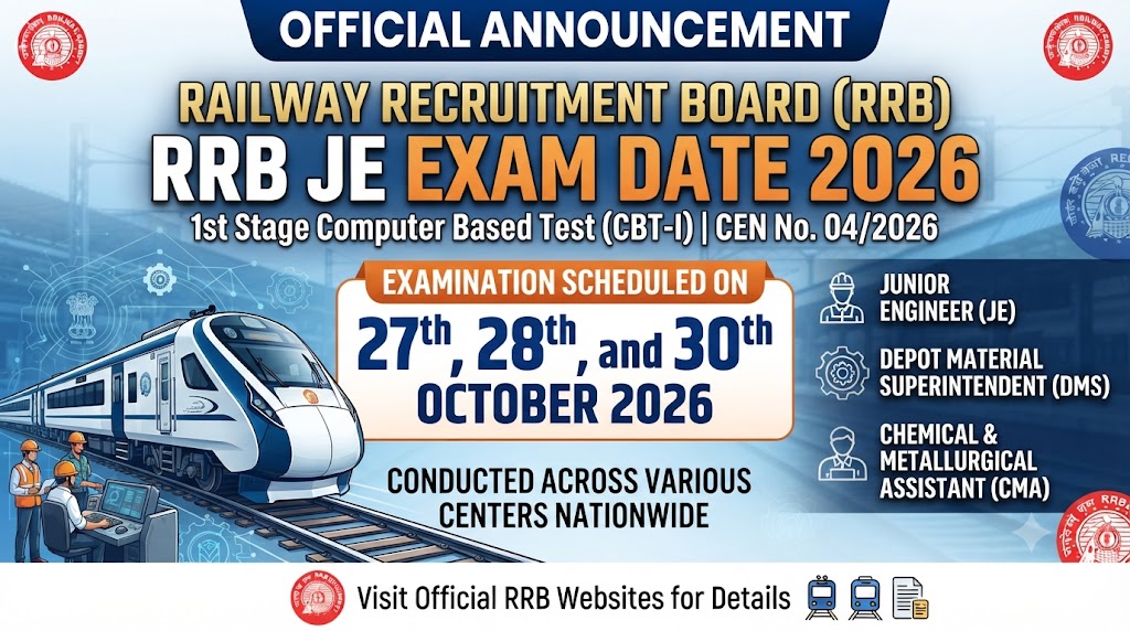 RRB JE Exam Date 2026 Out: Check CBT 1 Schedule & Details