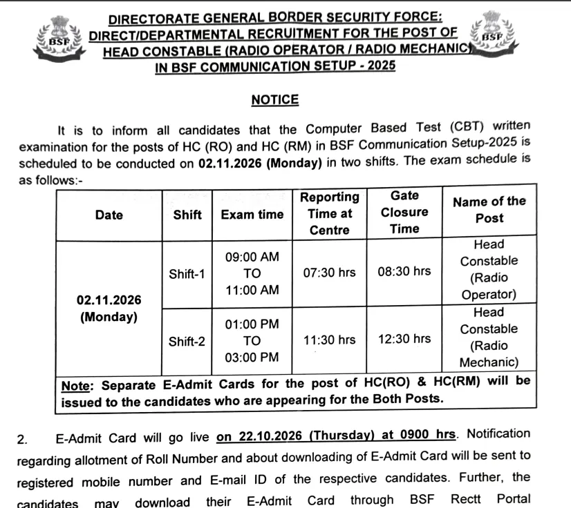 BSF HC RO RM Admit Card 2026: Download Link, Exam Date and Hall Ticket Details
