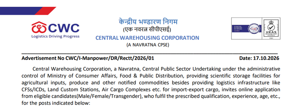 CWC Recruitment 2026: Apply Online for 327 Assistant Manager and Junior Executive Posts