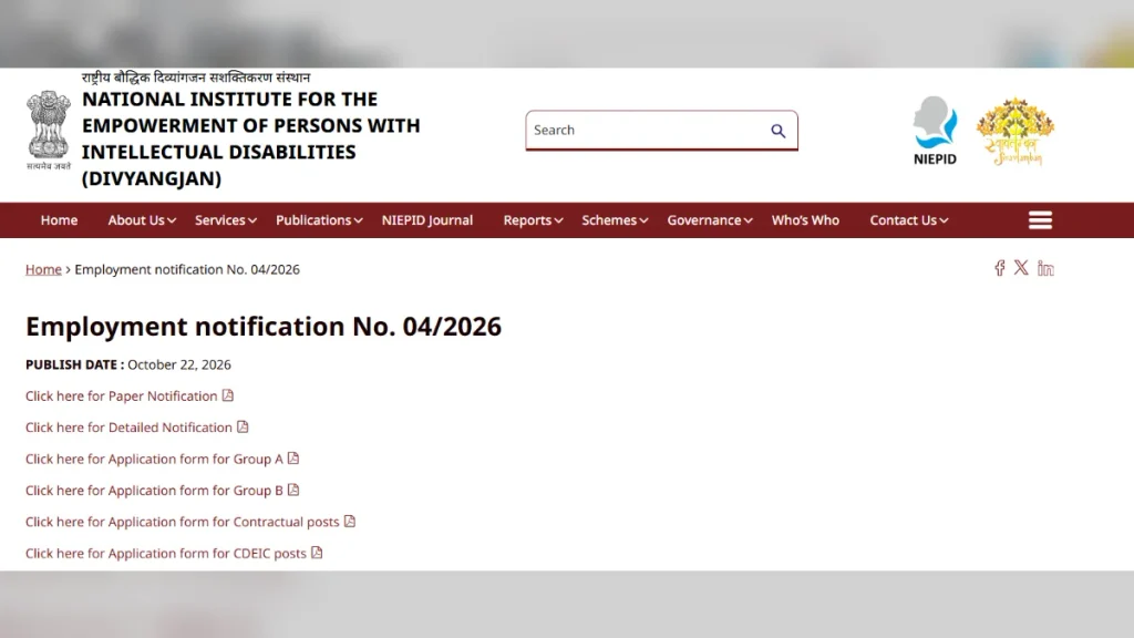 NIEPID Recruitment 2026 Notification: 68 Vacancies, Salary up to ₹2.5 Lakh, Apply by 7 December